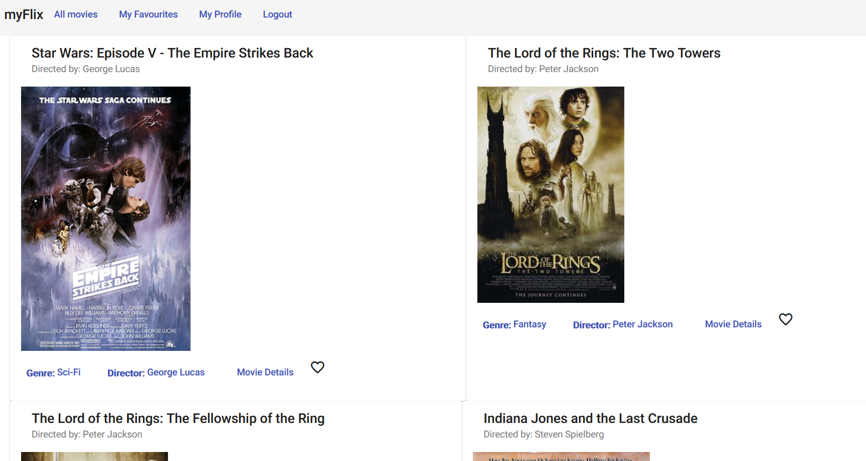 Screenshot showing part of the myFlix app built with Angular
