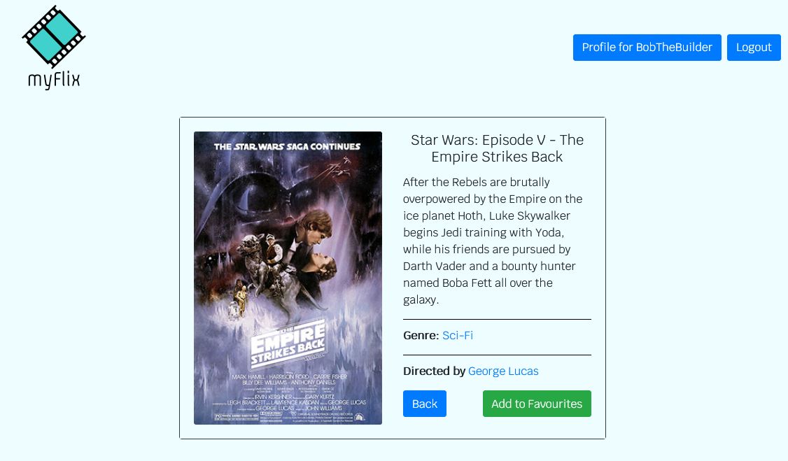 Screenshot showing part of the myFlix app built with React