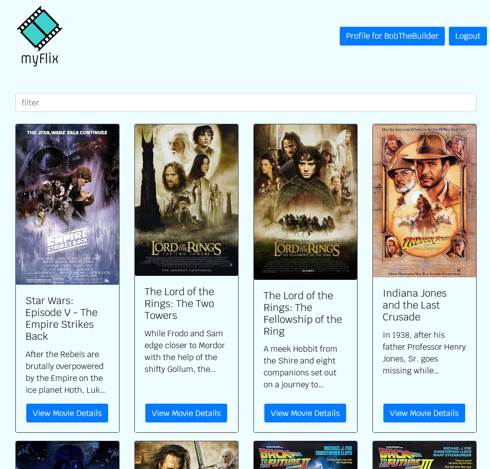 Screenshot showing part of the myFlix app built with React